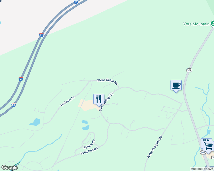map of restaurants, bars, coffee shops, grocery stores, and more near 24 Stone Ridge Road in Drums