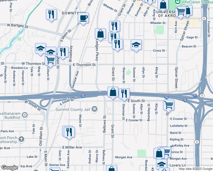 map of restaurants, bars, coffee shops, grocery stores, and more near 208 East Voris Street in Akron
