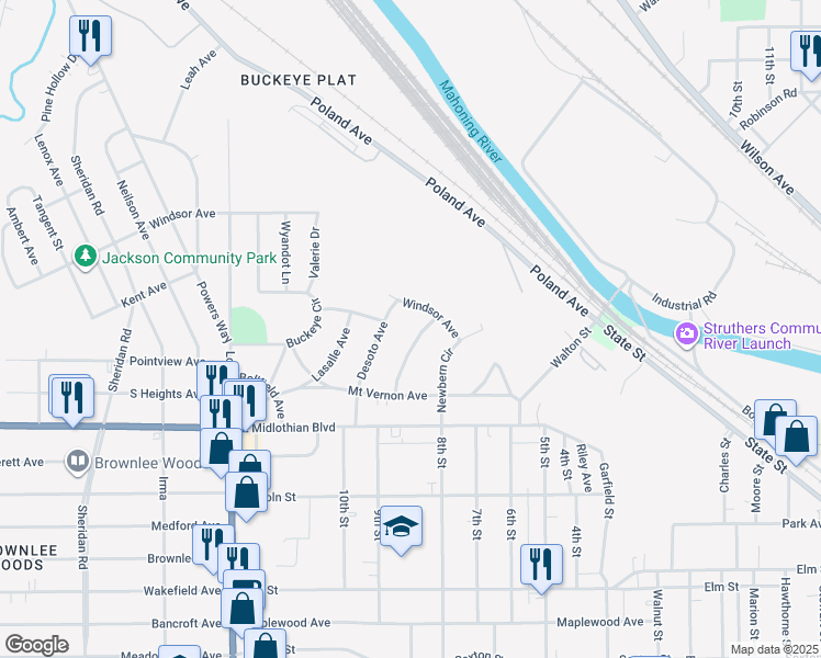 map of restaurants, bars, coffee shops, grocery stores, and more near 2527 Windsor Avenue in Youngstown