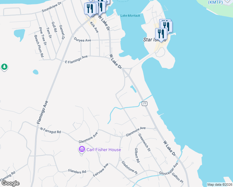 map of restaurants, bars, coffee shops, grocery stores, and more near North Greenwich Street in Montauk