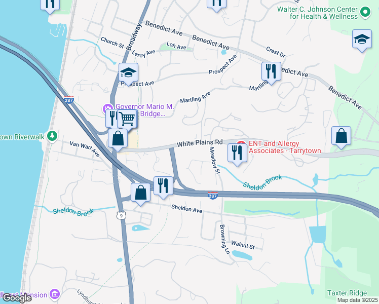 map of restaurants, bars, coffee shops, grocery stores, and more near 150 White Plains Road in Tarrytown