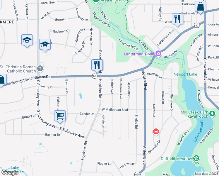 map of restaurants, bars, coffee shops, grocery stores, and more near 3430 Risher Avenue in Youngstown