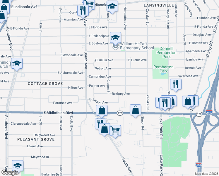 map of restaurants, bars, coffee shops, grocery stores, and more near 580 Palmer Avenue in Youngstown