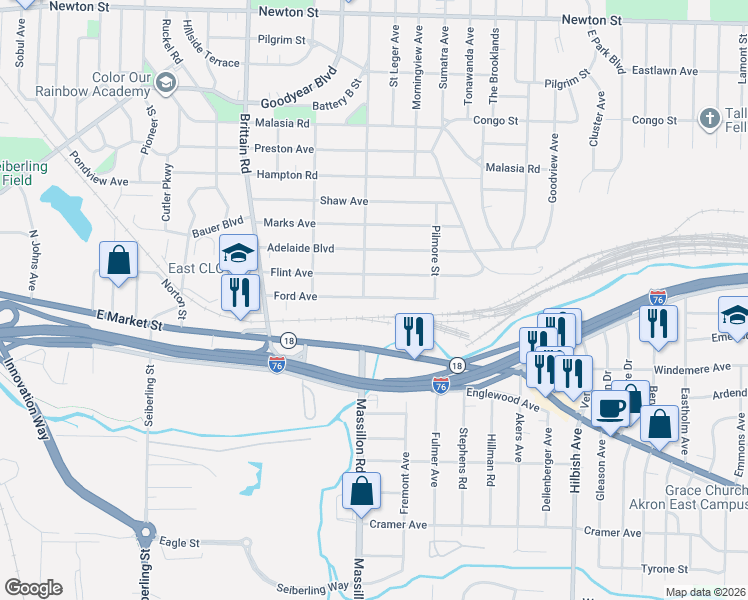 map of restaurants, bars, coffee shops, grocery stores, and more near 1845 Ford Avenue in Akron