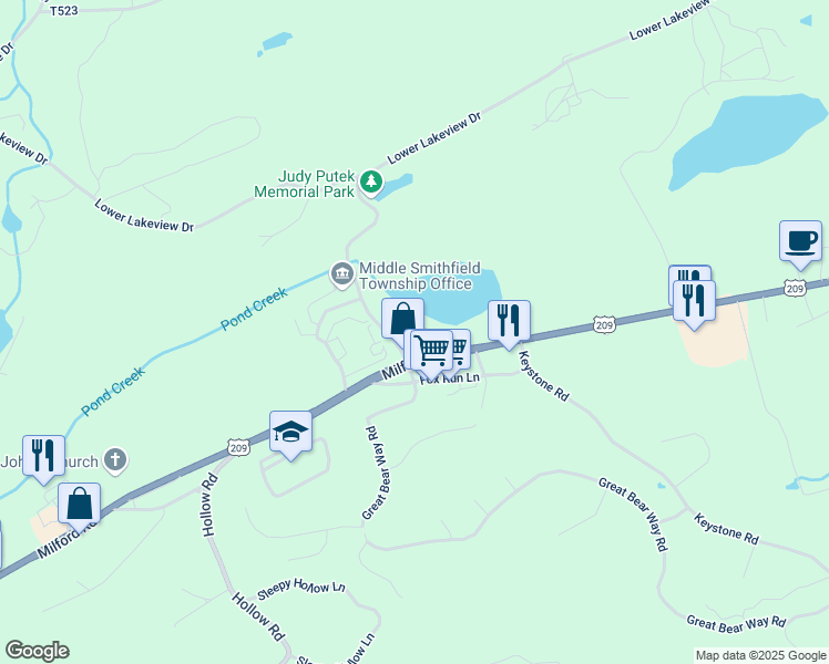 map of restaurants, bars, coffee shops, grocery stores, and more near Grey Fox Road in East Stroudsburg