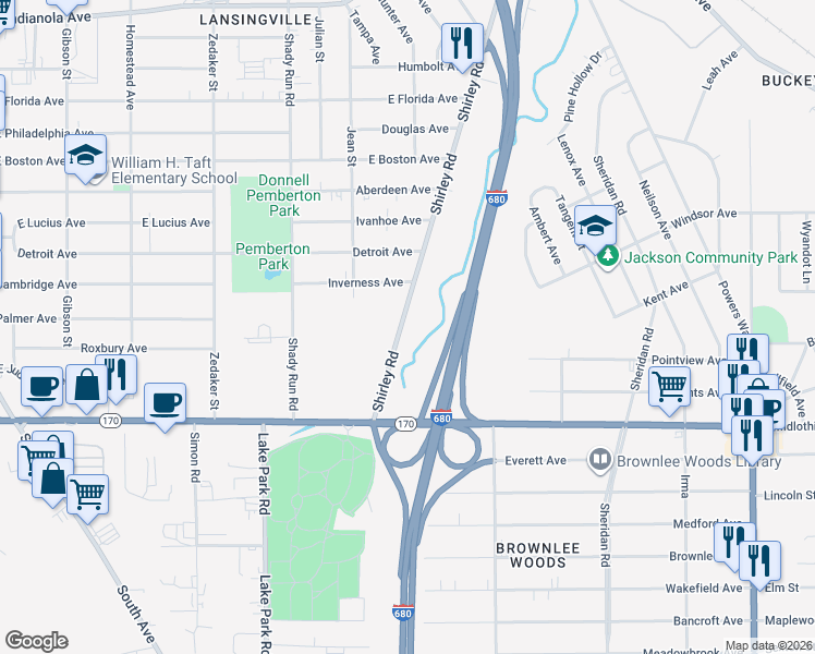 map of restaurants, bars, coffee shops, grocery stores, and more near 3525 Shirley Road in Youngstown