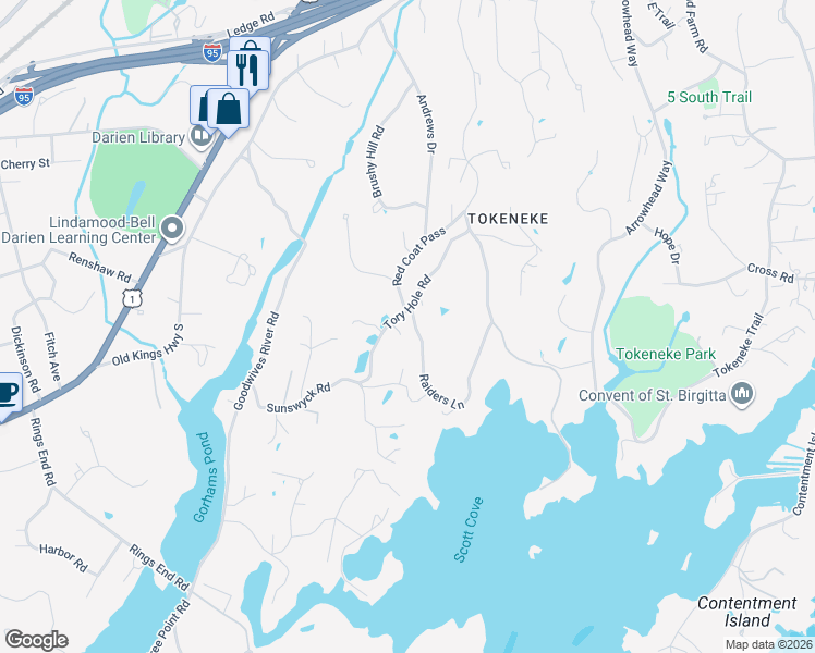 map of restaurants, bars, coffee shops, grocery stores, and more near 3 Raiders Lane in Darien