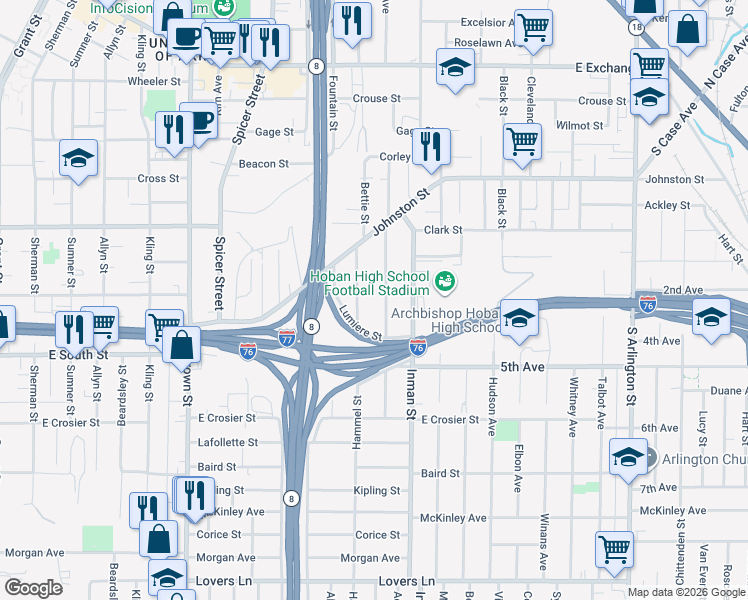 map of restaurants, bars, coffee shops, grocery stores, and more near 507 Hammel Street in Akron