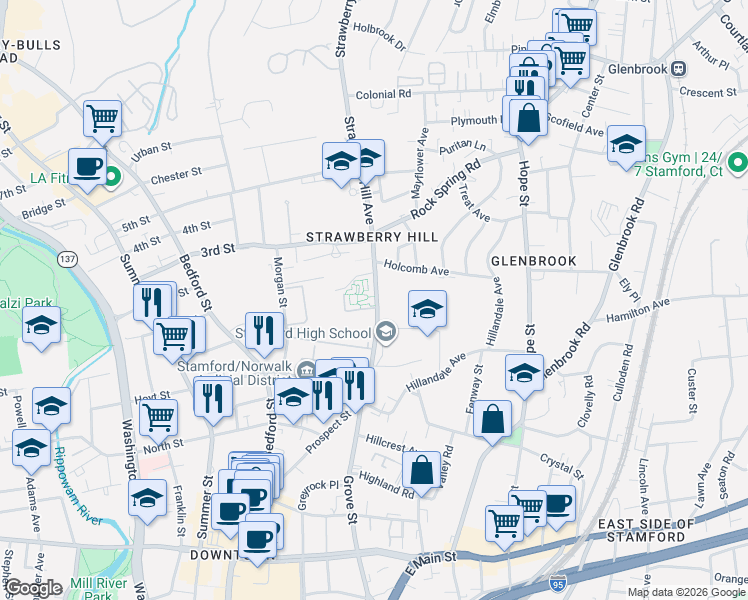 map of restaurants, bars, coffee shops, grocery stores, and more near in Stamford