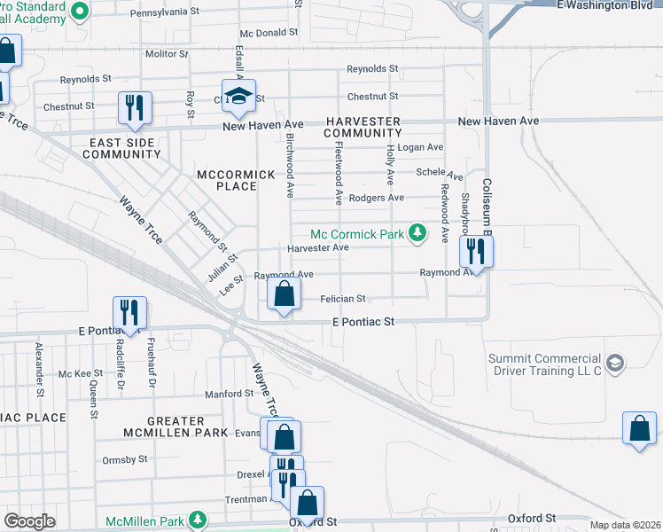 map of restaurants, bars, coffee shops, grocery stores, and more near 3314 Harvester Street in Fort Wayne