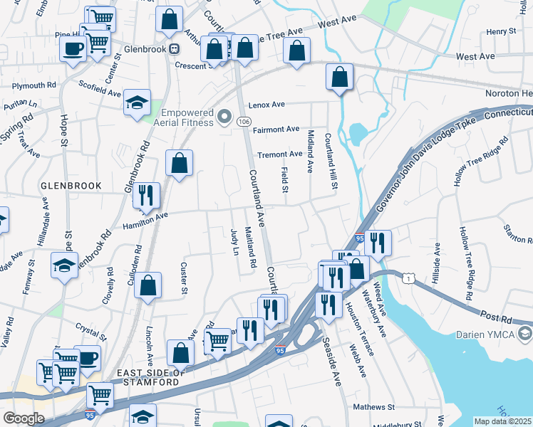 map of restaurants, bars, coffee shops, grocery stores, and more near 192 Hamilton Avenue in Stamford