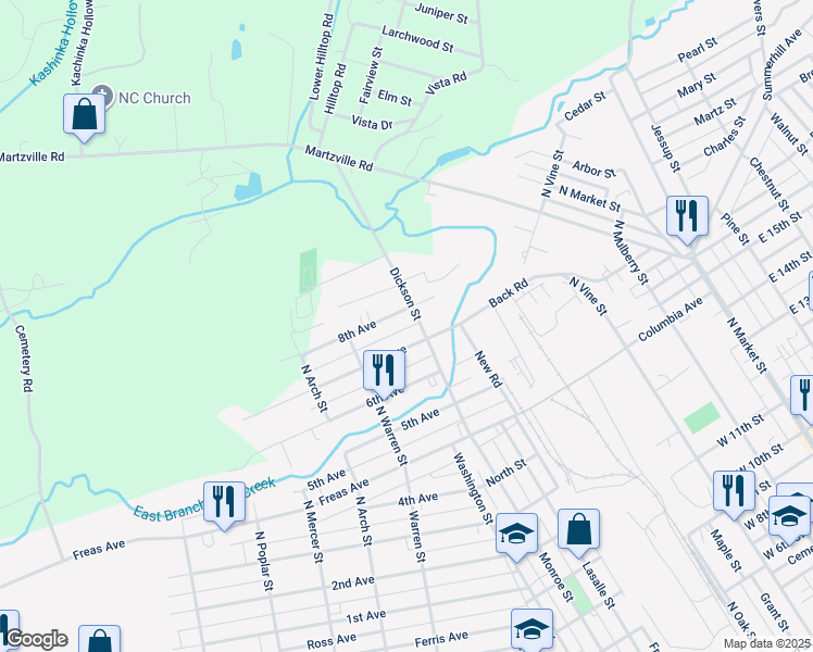 map of restaurants, bars, coffee shops, grocery stores, and more near 1110 8th Avenue in Berwick