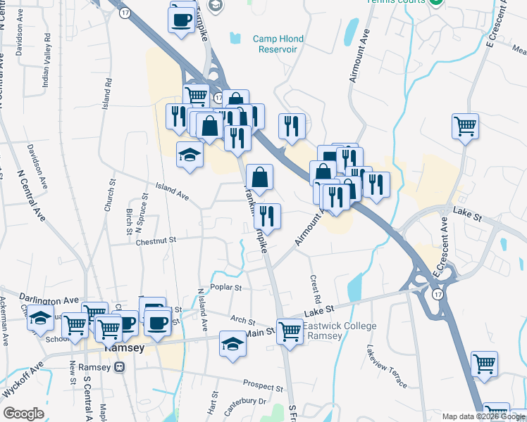map of restaurants, bars, coffee shops, grocery stores, and more near 24 Chelsea Court in Ramsey