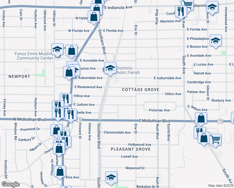 map of restaurants, bars, coffee shops, grocery stores, and more near 140 Hilton Avenue in Youngstown