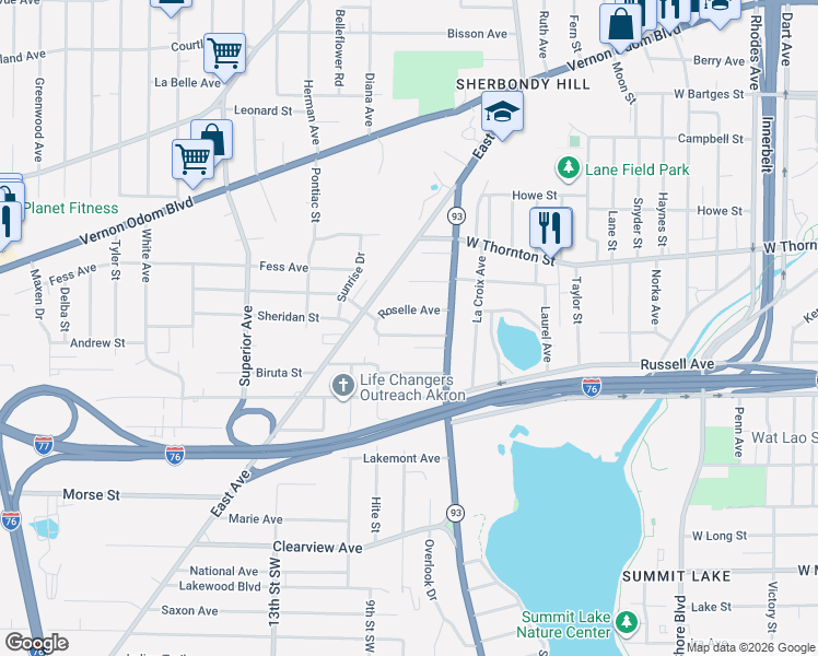 map of restaurants, bars, coffee shops, grocery stores, and more near 712 Roselle Avenue in Akron