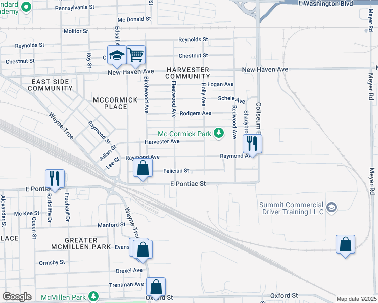 map of restaurants, bars, coffee shops, grocery stores, and more near 3426 Harvester Street in Fort Wayne