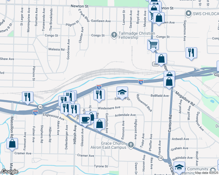map of restaurants, bars, coffee shops, grocery stores, and more near 2244 Mogadore Road in Akron