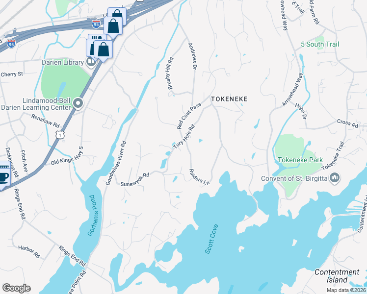 map of restaurants, bars, coffee shops, grocery stores, and more near 3 Raiders Lane in Darien