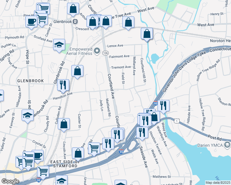 map of restaurants, bars, coffee shops, grocery stores, and more near 192 Hamilton Avenue in Stamford
