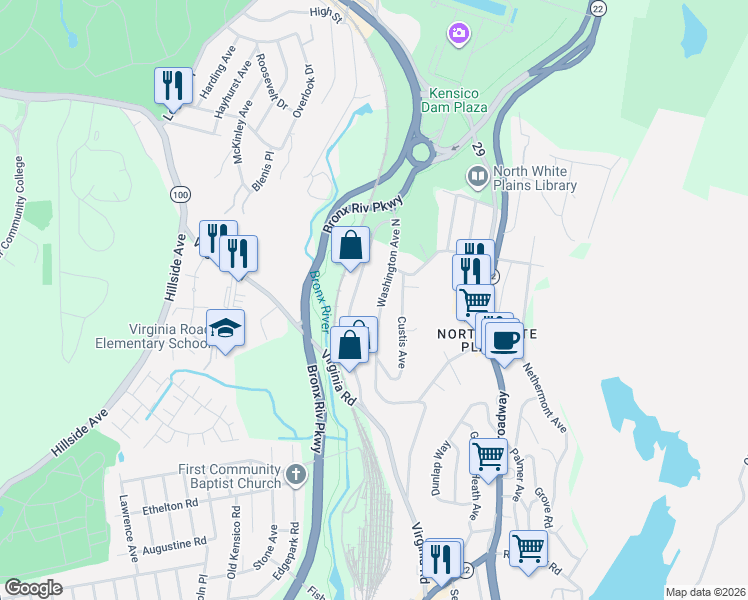 map of restaurants, bars, coffee shops, grocery stores, and more near 113 Washington Avenue North in White Plains