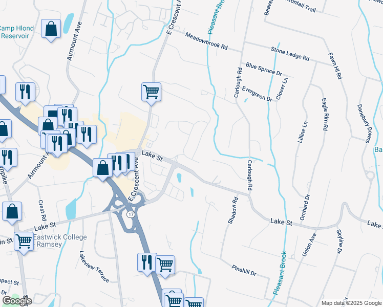 map of restaurants, bars, coffee shops, grocery stores, and more near 17 Goldfinch Drive in Upper Saddle River