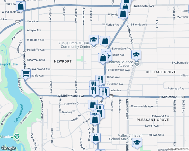 map of restaurants, bars, coffee shops, grocery stores, and more near 3512 Hillman Street in Youngstown