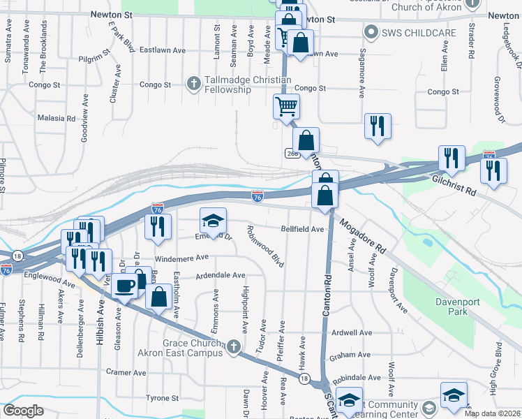 map of restaurants, bars, coffee shops, grocery stores, and more near 2350 Mogadore Road in Akron
