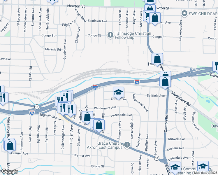 map of restaurants, bars, coffee shops, grocery stores, and more near 2244 Mogadore Road in Akron