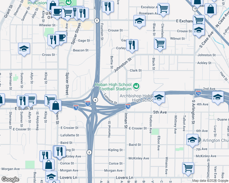map of restaurants, bars, coffee shops, grocery stores, and more near 507 Hammel Street in Akron
