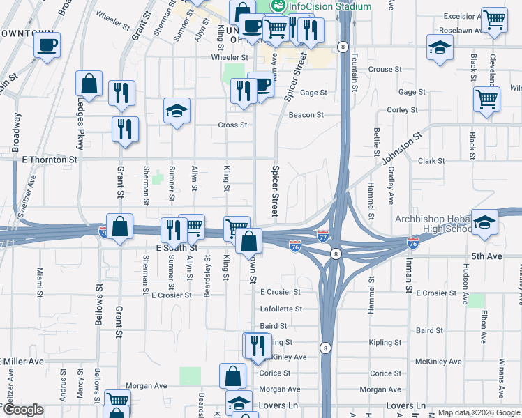 map of restaurants, bars, coffee shops, grocery stores, and more near 648 Brown Street in Akron