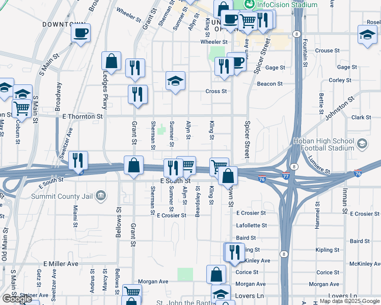 map of restaurants, bars, coffee shops, grocery stores, and more near 371 East Voris Street in Akron