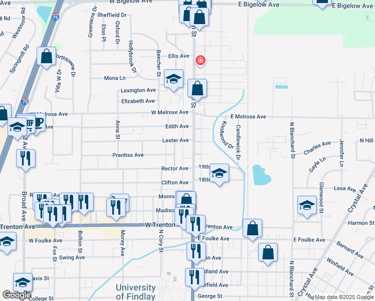 map of restaurants, bars, coffee shops, grocery stores, and more near 101 Lester Avenue in Findlay