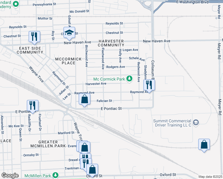 map of restaurants, bars, coffee shops, grocery stores, and more near 3426 Harvester Street in Fort Wayne