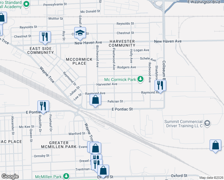 map of restaurants, bars, coffee shops, grocery stores, and more near 3314 Harvester Street in Fort Wayne