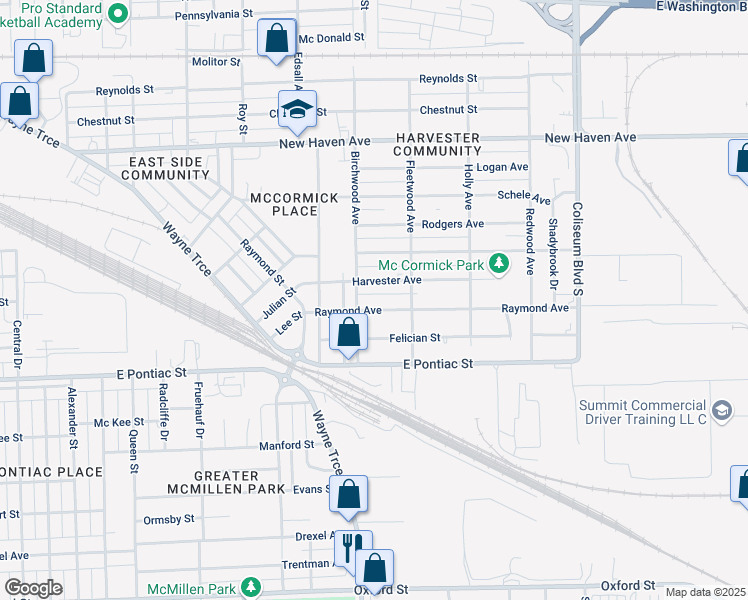 map of restaurants, bars, coffee shops, grocery stores, and more near 3210 Harvester Street in Fort Wayne