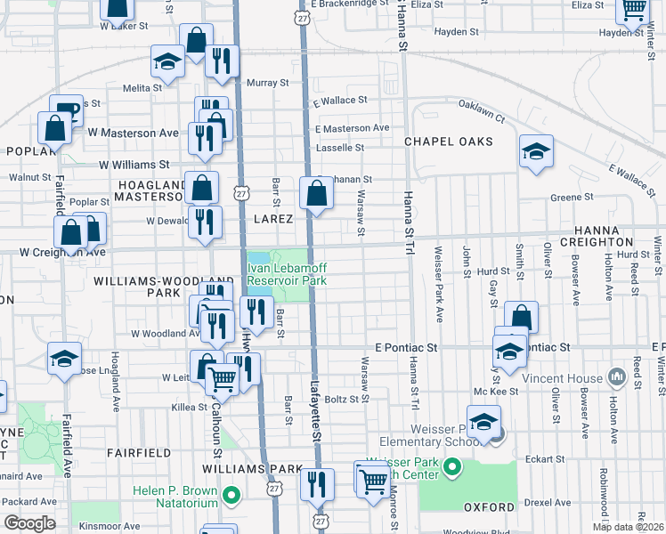 map of restaurants, bars, coffee shops, grocery stores, and more near 422 Creighton Avenue in Fort Wayne