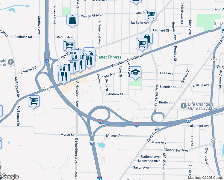 map of restaurants, bars, coffee shops, grocery stores, and more near 1630 Claudia Avenue in Akron