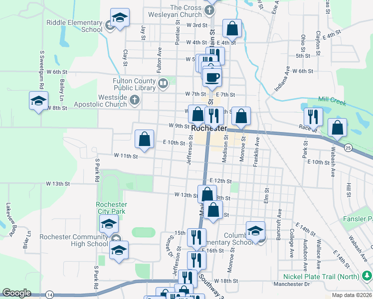 map of restaurants, bars, coffee shops, grocery stores, and more near 218 West 10th Street in Rochester