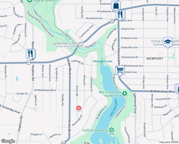 map of restaurants, bars, coffee shops, grocery stores, and more near 3518 Glenmere Drive in Youngstown