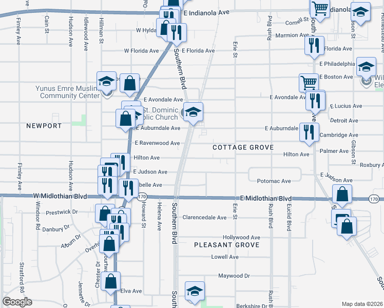 map of restaurants, bars, coffee shops, grocery stores, and more near 3503 Southern Boulevard in Youngstown