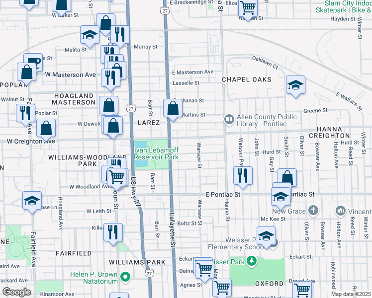 map of restaurants, bars, coffee shops, grocery stores, and more near 439 East Taber Street in Fort Wayne