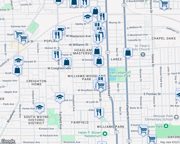 map of restaurants, bars, coffee shops, grocery stores, and more near 2322 Harrison Street in Fort Wayne