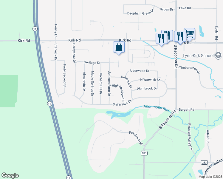 map of restaurants, bars, coffee shops, grocery stores, and more near 3562 Johnson Farm Drive in Canfield