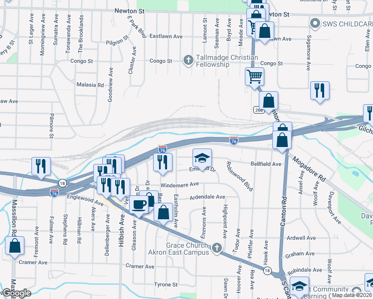 map of restaurants, bars, coffee shops, grocery stores, and more near 2244 Mogadore Road in Akron