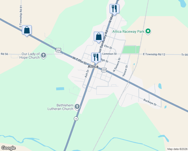 map of restaurants, bars, coffee shops, grocery stores, and more near 1 S Main St in Attica