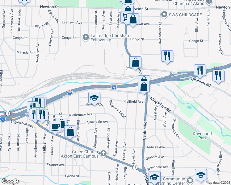 map of restaurants, bars, coffee shops, grocery stores, and more near 2350 Mogadore Road in Akron