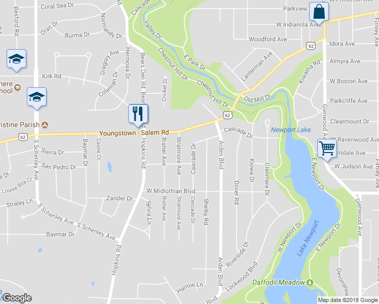 map of restaurants, bars, coffee shops, grocery stores, and more near 3442 Cascade Drive in Youngstown