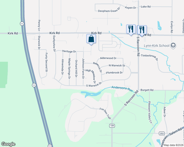 map of restaurants, bars, coffee shops, grocery stores, and more near 3639 High Meadow Drive in Canfield