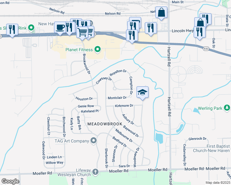 map of restaurants, bars, coffee shops, grocery stores, and more near 573 Courtney Drive in New Haven