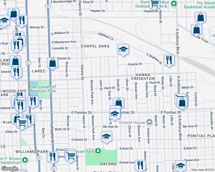 map of restaurants, bars, coffee shops, grocery stores, and more near 2346 Gay Street in Fort Wayne